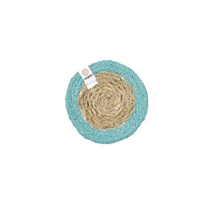 Sous-verre rond en jute et jonc de mer bord turquoise